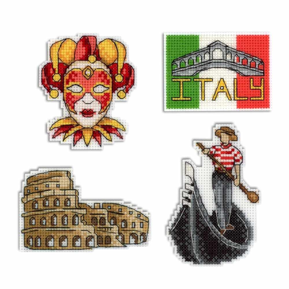 Italy Magnets P-309 / SR-309 Cross Stitch Kit featuring colorful threads and plastic canvas for crafting.